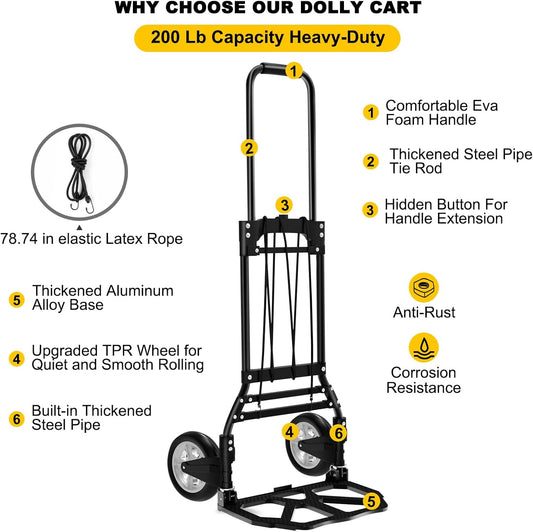 Folding Hand Truck and Dolly, 200 LB Capacity Upgraded Aluminum Dolly Cart, Extended Handle Portable Dolly for Travel, Moving, Shopping, Office Use, Black