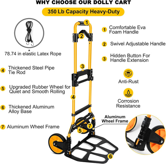 350 LB Capacity Upgraded Folding Hand Truck Dolly,Portable Dolly Cart with Telescoping Handle,Rubber Wheels and Aluminum Wheel Frame for Moving,Shopping,Travel,Office Use.