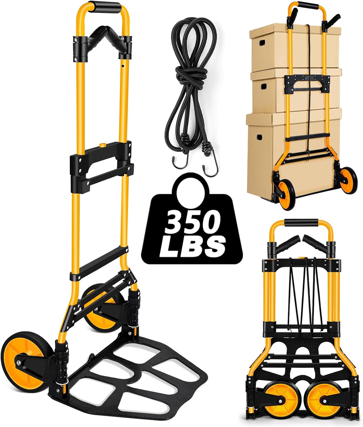 350 LB Capacity Upgraded Folding Hand Truck Dolly,Portable Dolly Cart with Telescoping Handle，Rubber Wheels and Aluminum Wheel Frame for Moving,Shopping,Travel,Office Use.