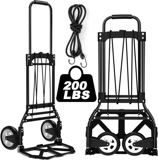 Folding Hand Truck and Dolly, 200 LB Capacity Upgraded Aluminum Dolly Cart, Extended Handle Portable Dolly for Travel, Moving, Shopping, Office Use, Black