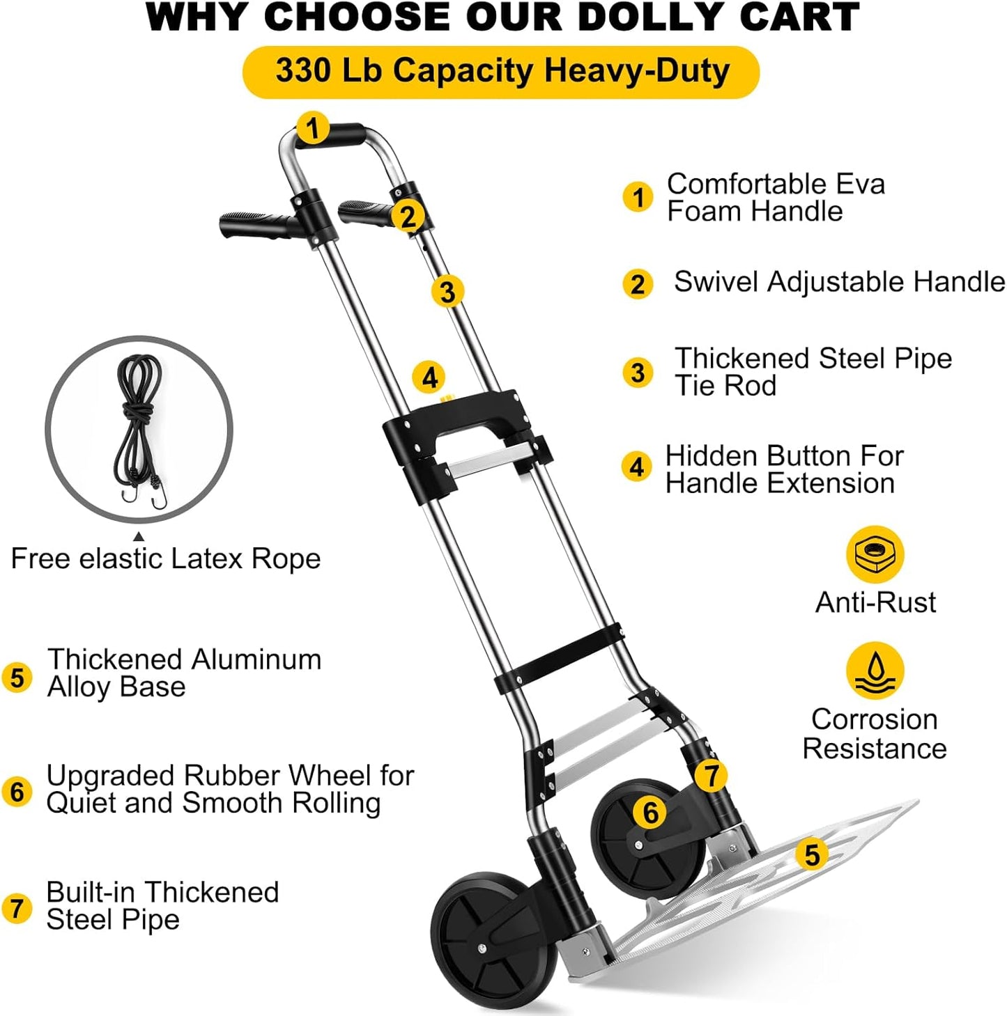 330 LB Capacity Folding Hand Truck Dolly Cart, Portable Aluminum Dolly Cart with Telescoping Handle and Rubber Wheels for Moving,Shopping,Travel,Office Use.