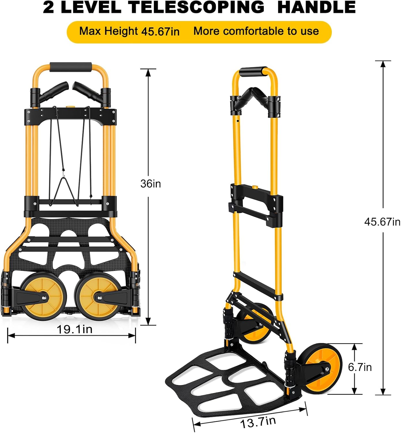 350 LB Capacity Upgraded Folding Hand Truck Dolly,Portable Dolly Cart with Telescoping Handle，Rubber Wheels and Aluminum Wheel Frame for Moving,Shopping,Travel,Office Use.